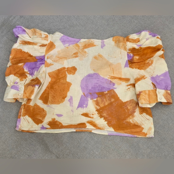 Eloquii Linen Blend Puff Sleeve V Neck Top Cream Orange Lavender Print Size 24 - Picture 3 of 9